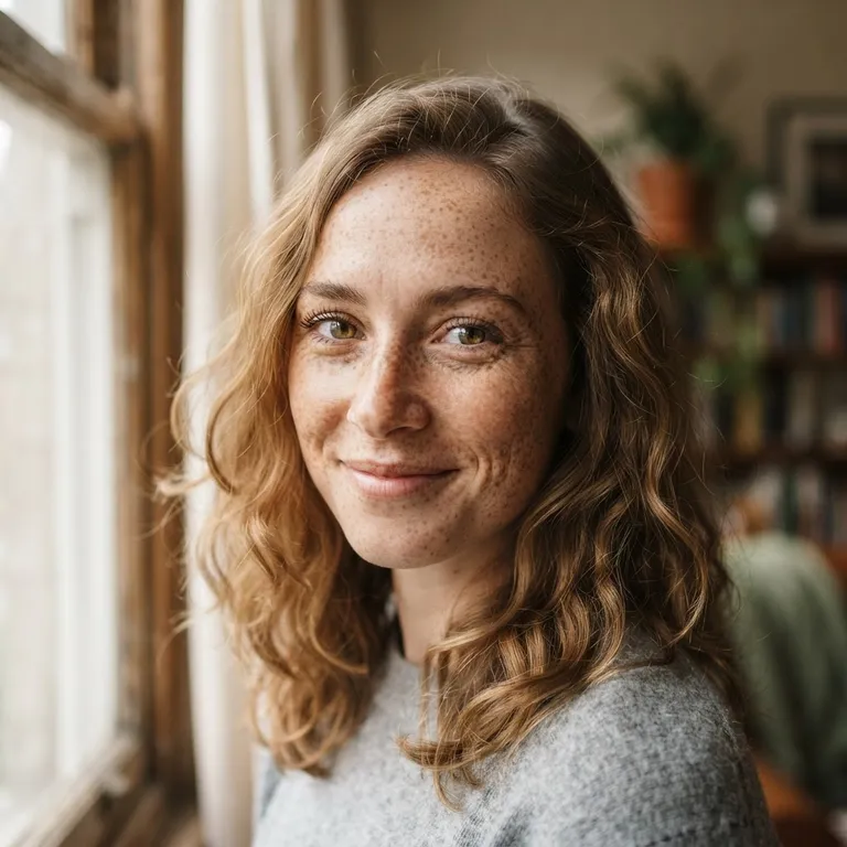 Portrait of a young woman with freckles in soft window light, 85mm photo (AI image 5 of 16)