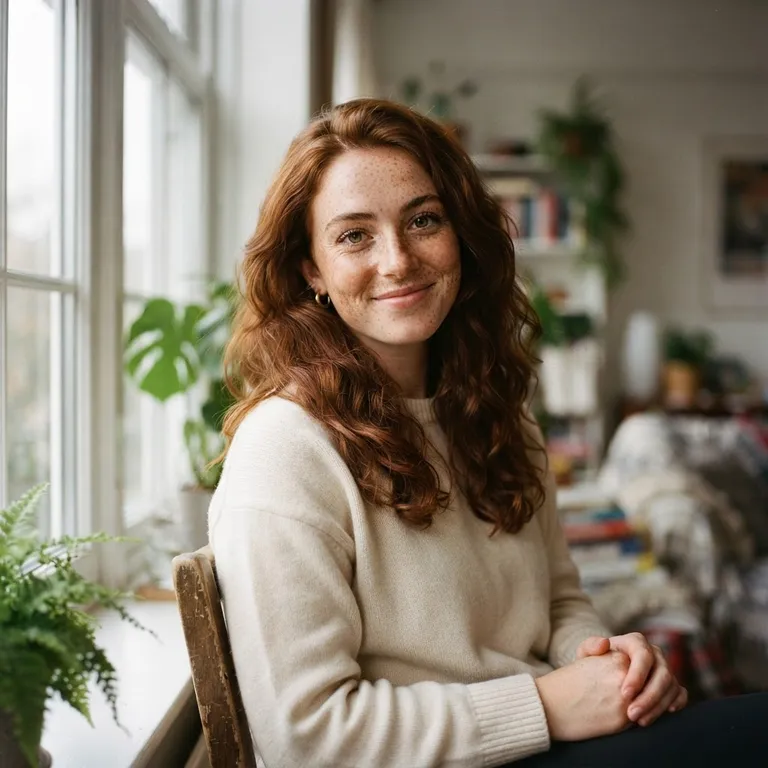 Portrait of a young woman with freckles in soft window light, 85mm photo (AI image 6 of 16)