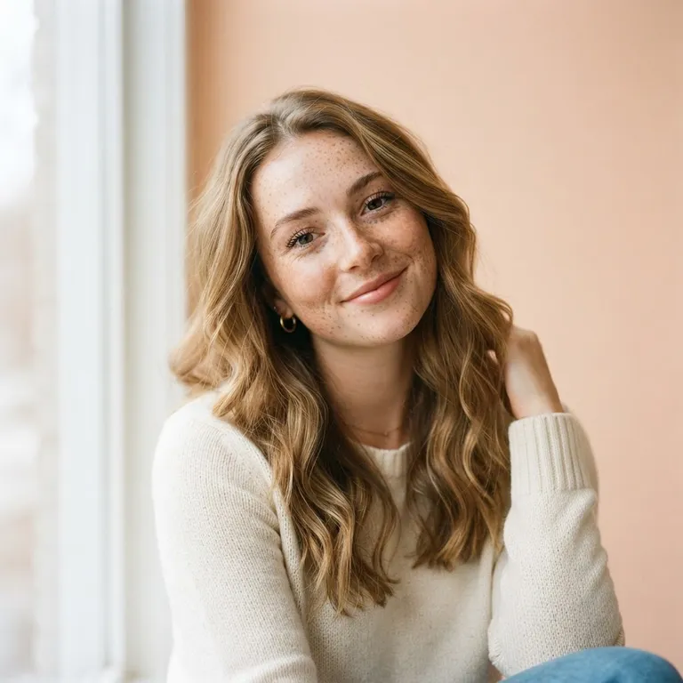 Portrait of a young woman with freckles in soft window light, 85mm photo (AI image 7 of 16)