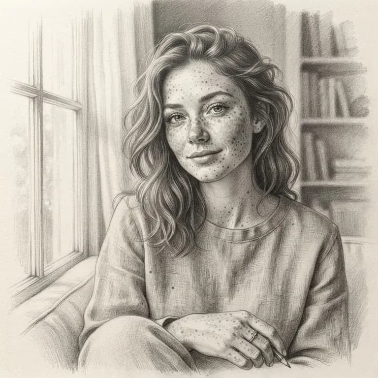 Portrait of a young woman with freckles in soft window light, 85mm photo (AI image 8 of 16)