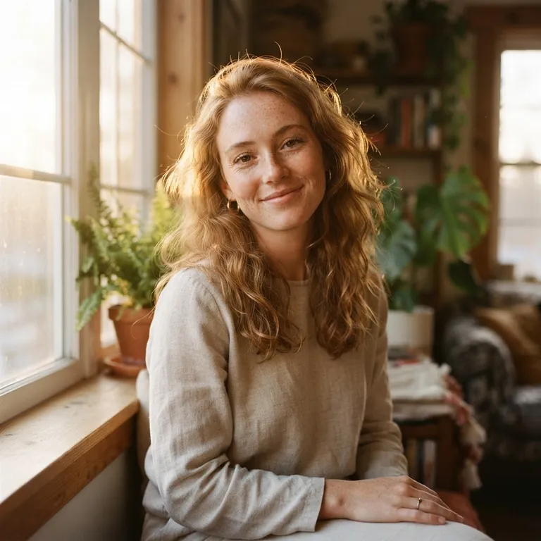 Portrait of a young woman with freckles in soft window light, 85mm photo (AI image 9 of 16)