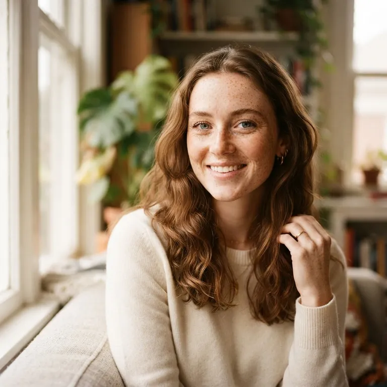 Portrait of a young woman with freckles in soft window light, 85mm photo (AI image 11 of 16)