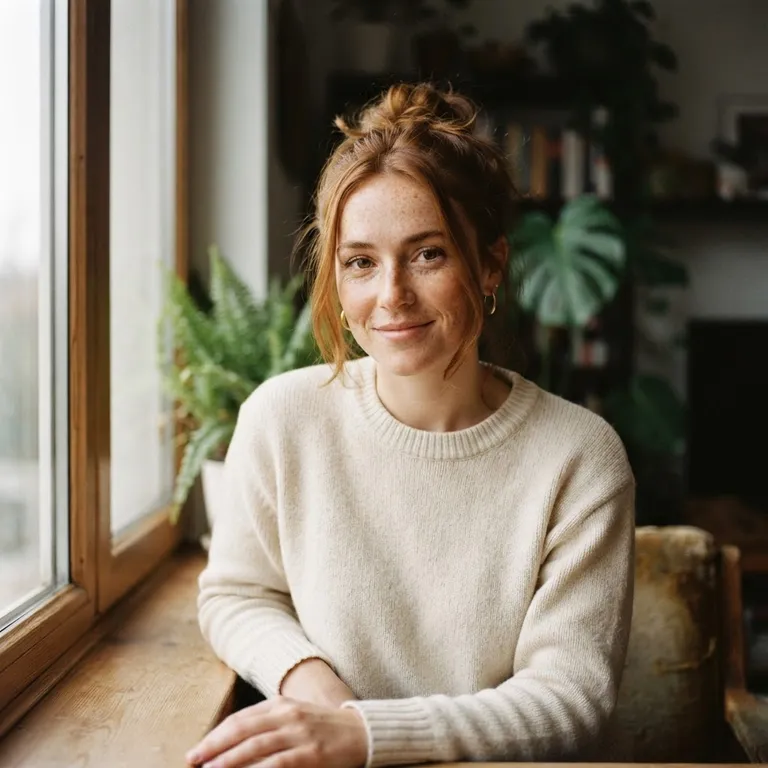 Portrait of a young woman with freckles in soft window light, 85mm photo (AI image 12 of 16)