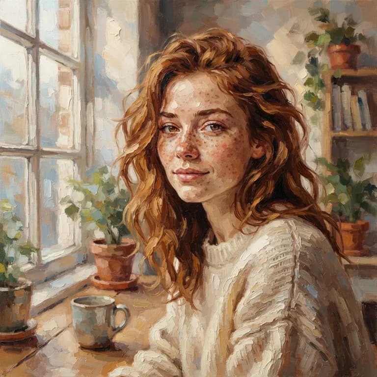 Portrait of a young woman with freckles in soft window light, 85mm photo (AI image 14 of 16)