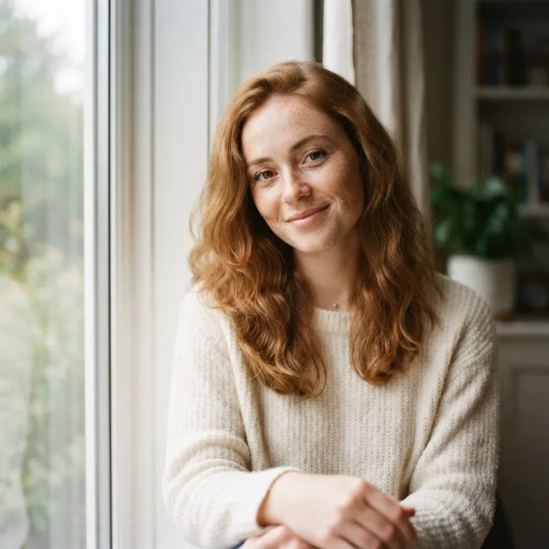 Portrait of a young woman with freckles in soft window light, 85mm photo (AI image 15 of 16)