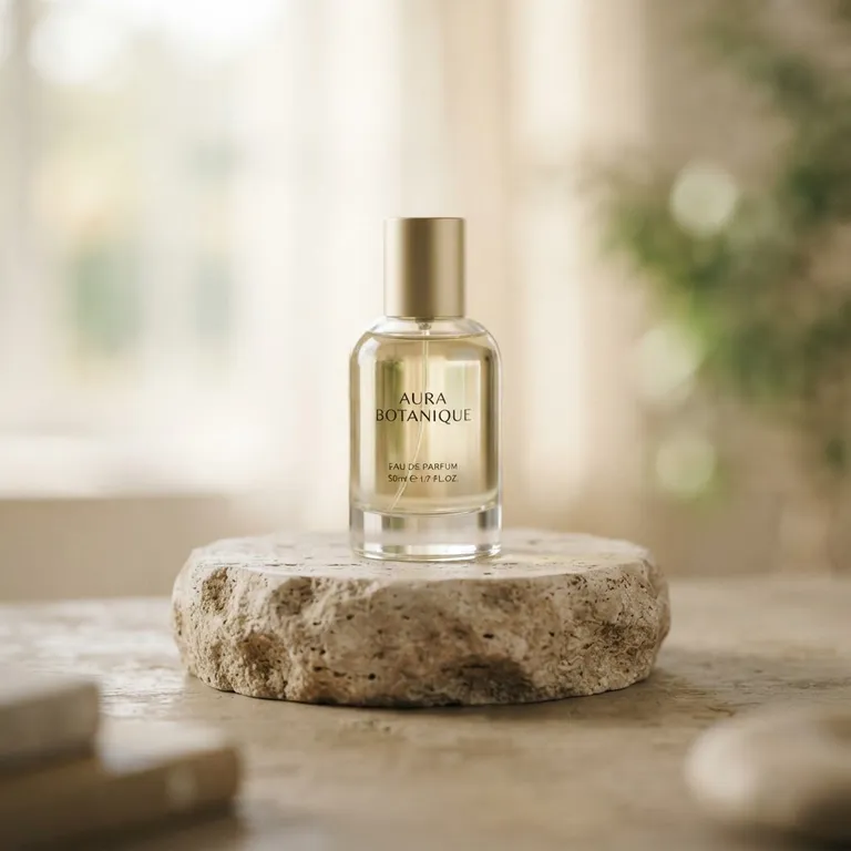 Minimal perfume bottle on a stone pedestal, studio product shot (AI image 11 of 16)