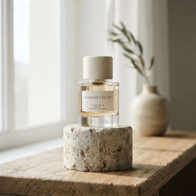Minimal perfume bottle on a stone pedestal, studio product shot (AI image 15 of 16)