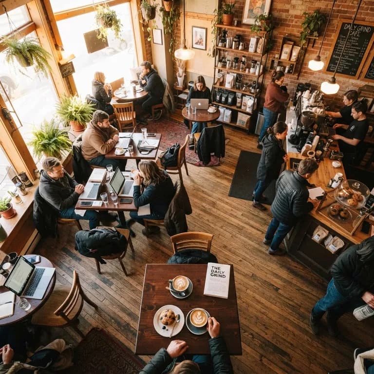 Cozy coffee shop interior, warm morning light, square format (AI image 1 of 16)