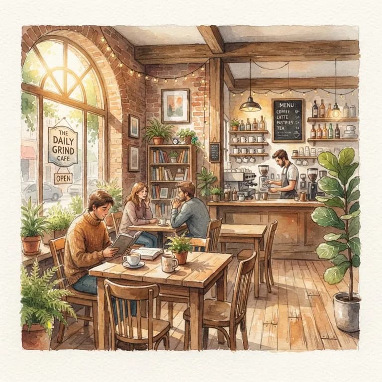 Cozy coffee shop interior, warm morning light, square format (AI image 2 of 16)