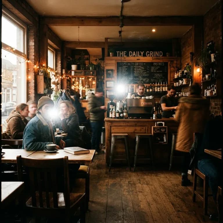 Cozy coffee shop interior, warm morning light, square format (AI image 3 of 16)