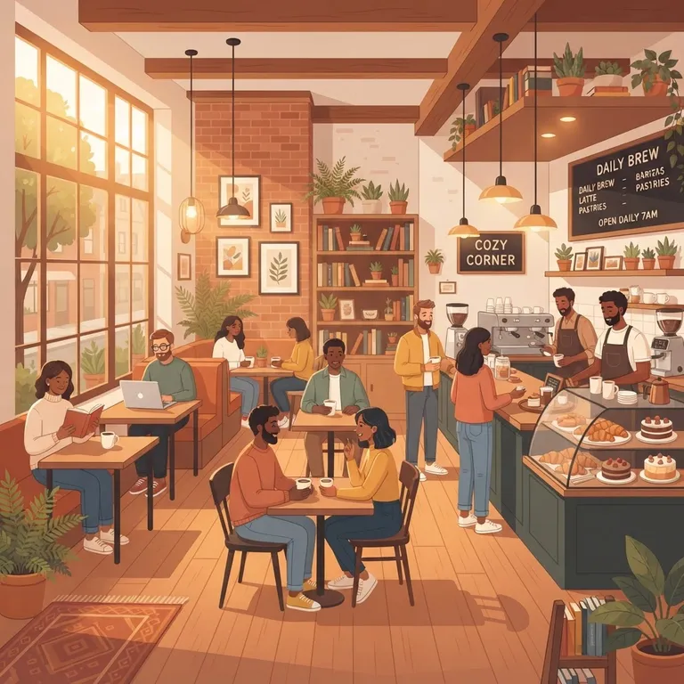 Cozy coffee shop interior, warm morning light, square format (AI image 4 of 16)