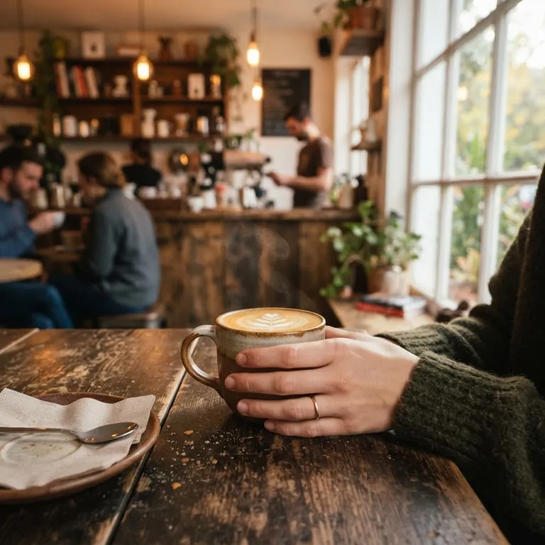 Cozy coffee shop interior, warm morning light, square format (AI image 5 of 16)