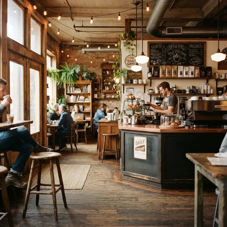 Cozy coffee shop interior, warm morning light, square format (AI image 6 of 16)