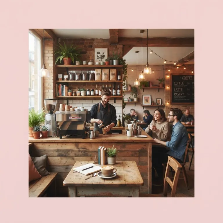 Cozy coffee shop interior, warm morning light, square format (AI image 7 of 16)