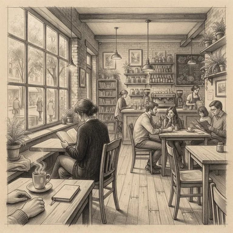 Cozy coffee shop interior, warm morning light, square format (AI image 8 of 16)