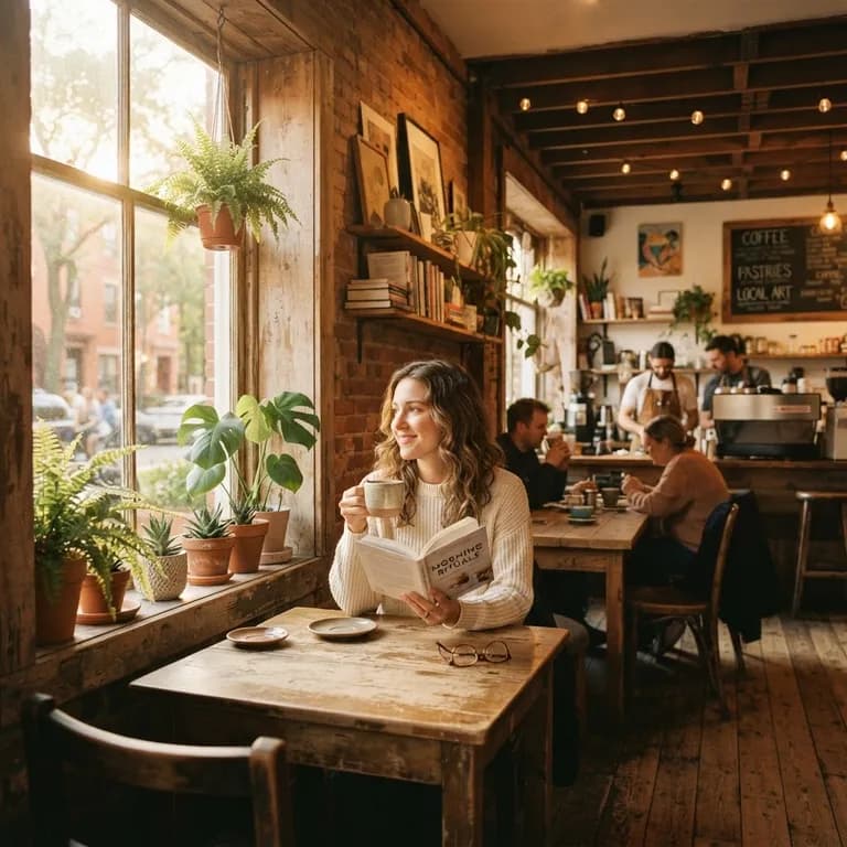 Cozy coffee shop interior, warm morning light, square format (AI image 9 of 16)