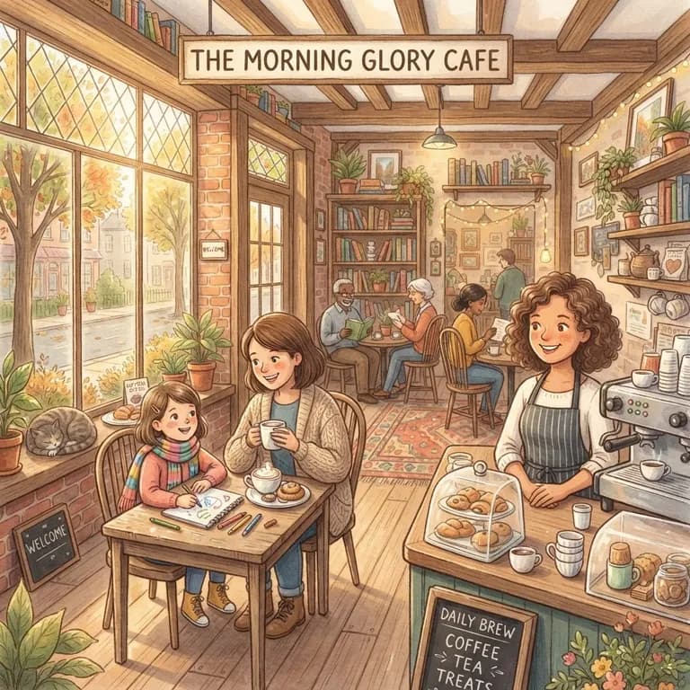 Cozy coffee shop interior, warm morning light, square format (AI image 10 of 16)