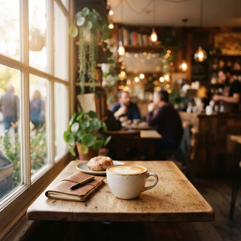 Cozy coffee shop interior, warm morning light, square format (AI image 11 of 16)