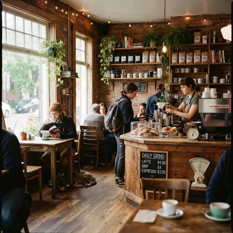 Cozy coffee shop interior, warm morning light, square format (AI image 12 of 16)