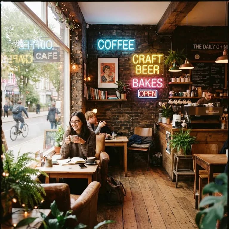 Cozy coffee shop interior, warm morning light, square format (AI image 13 of 16)