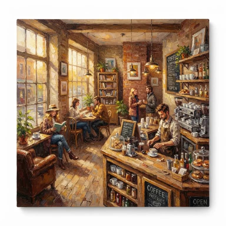 Cozy coffee shop interior, warm morning light, square format (AI image 14 of 16)