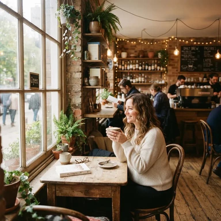 Cozy coffee shop interior, warm morning light, square format (AI image 15 of 16)