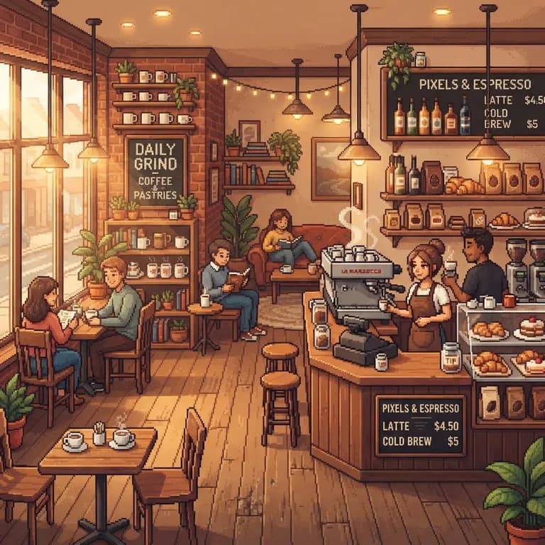 Cozy coffee shop interior, warm morning light, square format (AI image 16 of 16)