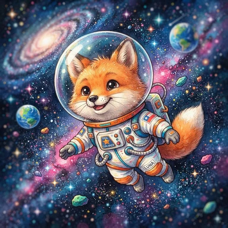Cute fox astronaut floating in space, children's book illustration (AI image 5 of 16)