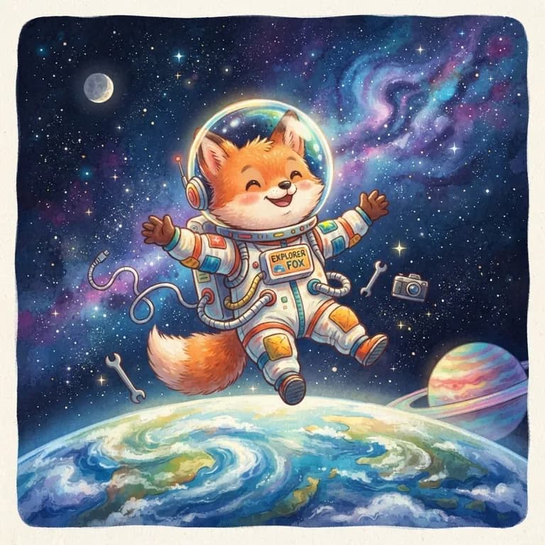Cute fox astronaut floating in space, children's book illustration (AI image 6 of 16)