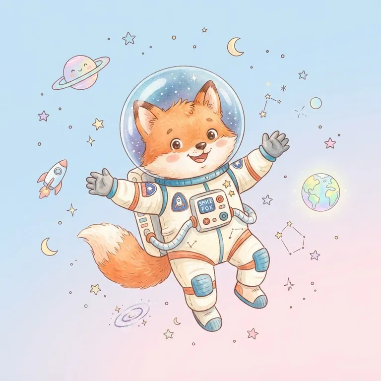 Cute fox astronaut floating in space, children's book illustration (AI image 7 of 16)