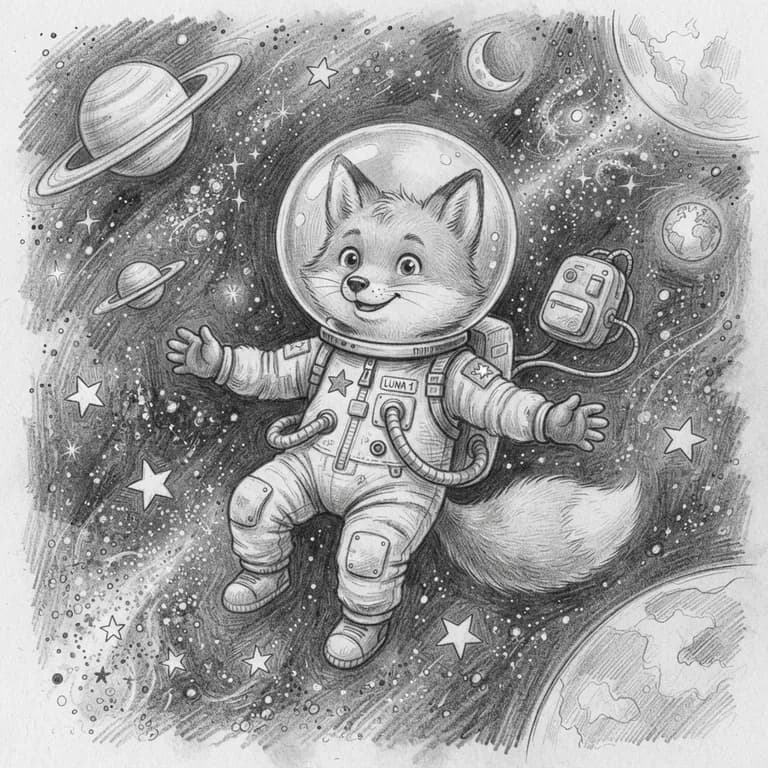 Cute fox astronaut floating in space, children's book illustration (AI image 8 of 16)
