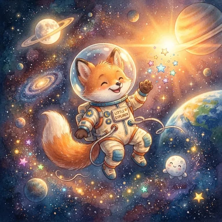 Cute fox astronaut floating in space, children's book illustration (AI image 9 of 16)