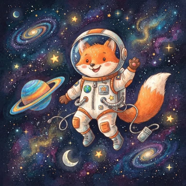 Cute fox astronaut floating in space, children's book illustration (AI image 10 of 16)