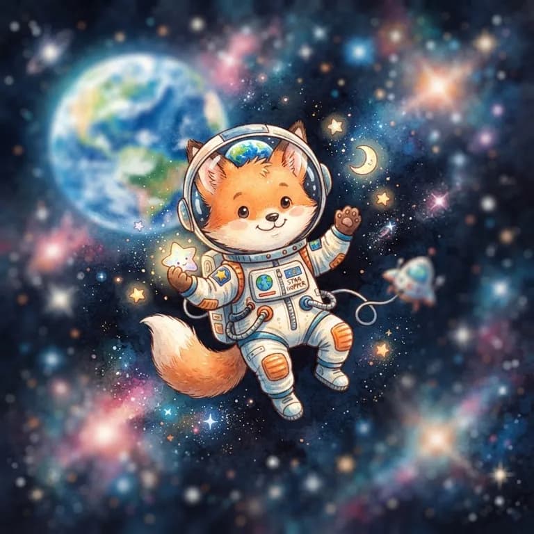 Cute fox astronaut floating in space, children's book illustration (AI image 11 of 16)