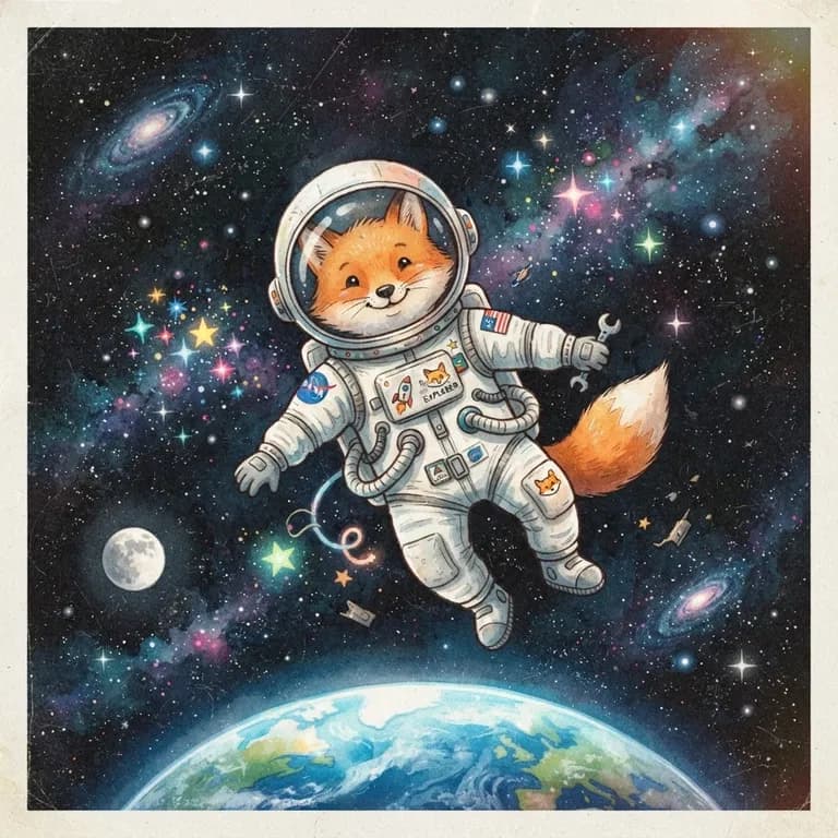 Cute fox astronaut floating in space, children's book illustration (AI image 12 of 16)