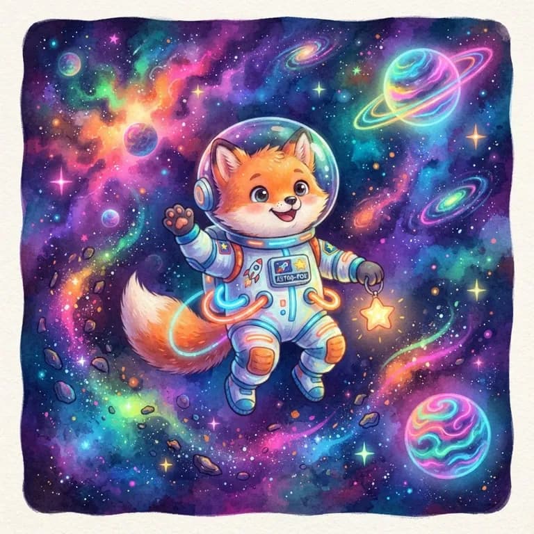 Cute fox astronaut floating in space, children's book illustration (AI image 13 of 16)