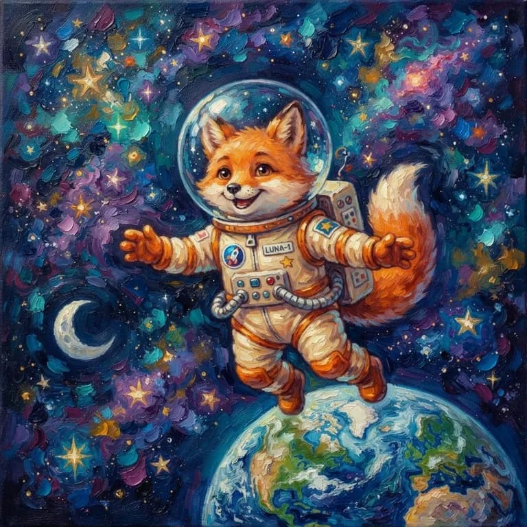 Cute fox astronaut floating in space, children's book illustration (AI image 14 of 16)