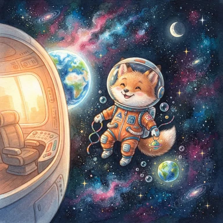 Cute fox astronaut floating in space, children's book illustration (AI image 15 of 16)